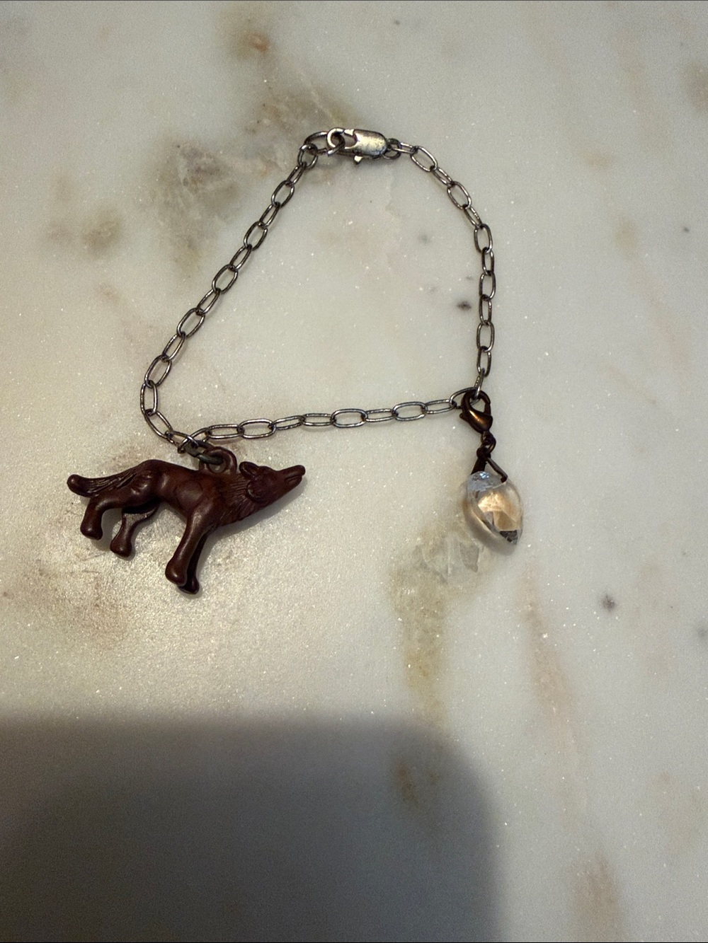 Twilight Sage Eclipse Bracelet with Brown Wolf Charm and Clear Crystal Heart